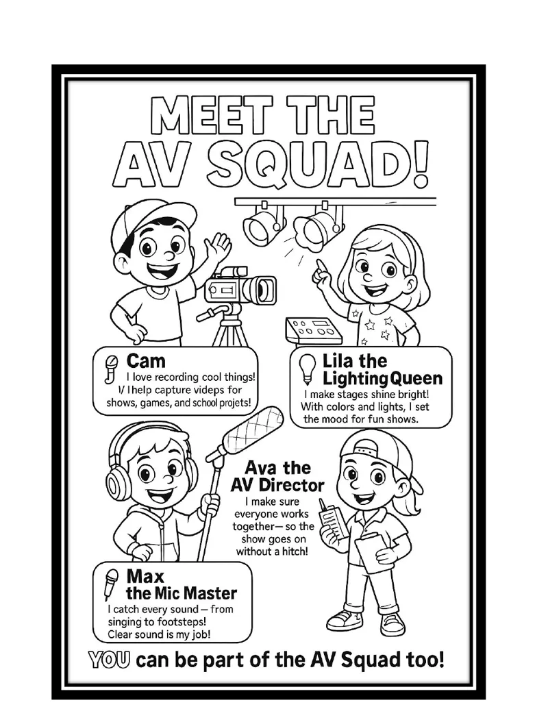 The AV Squad children's coloring book cover — meet the AV Squad