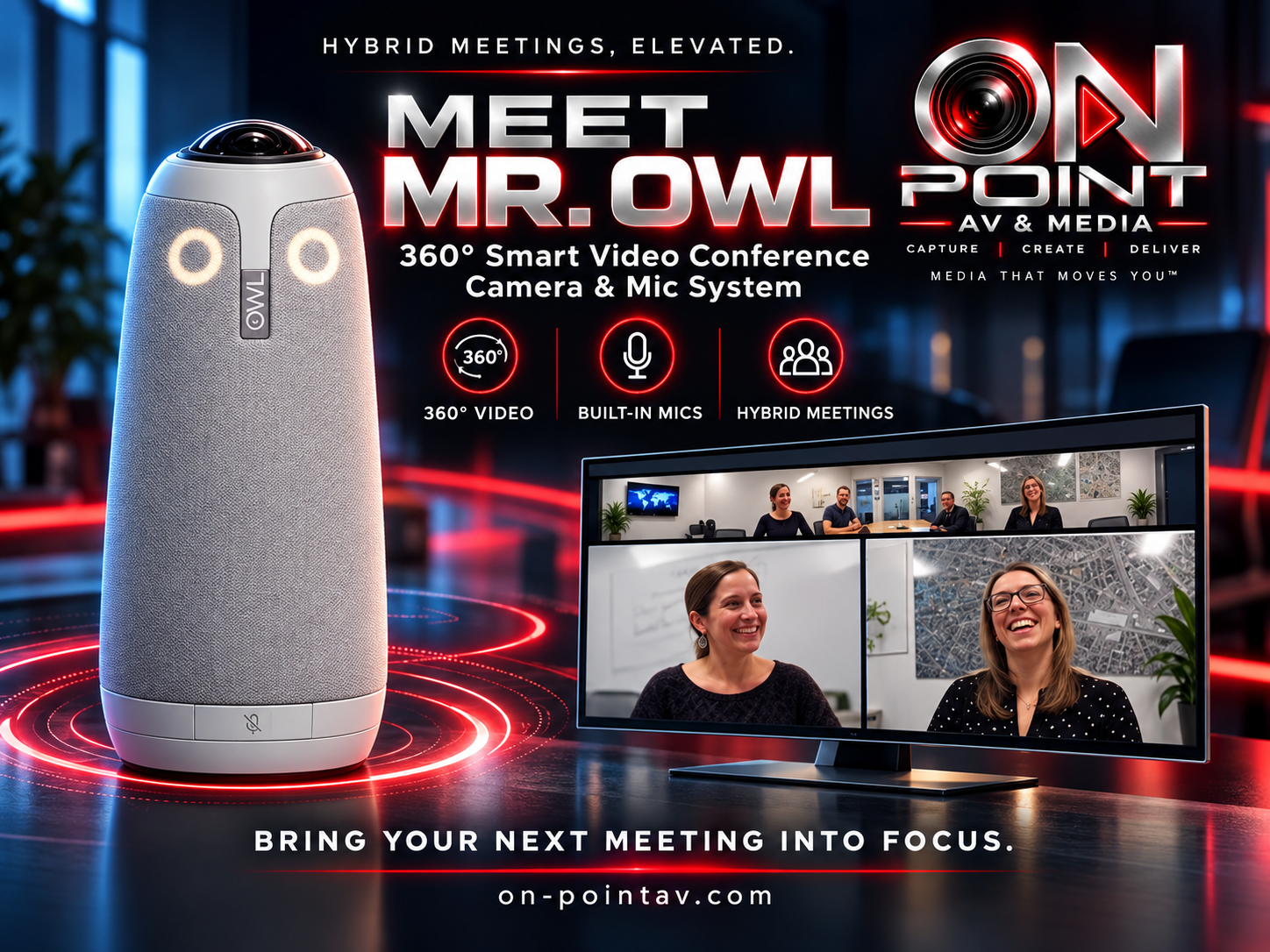 Mr. Owl 360 degree smart video conference camera and microphone system set up on a conference table by ON POINT AV and Media