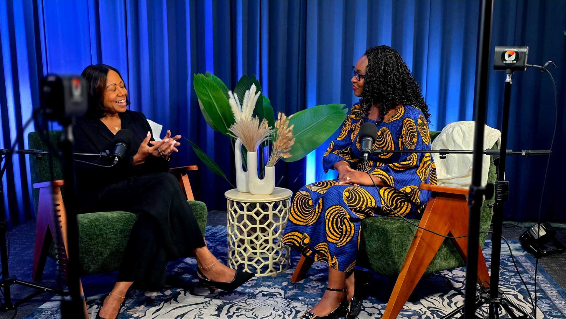 Med-Redi award-winning podcast recording — two hosts on set with studio microphones, lighting, and cameras produced by ON-POINT AV and Media in Atlanta