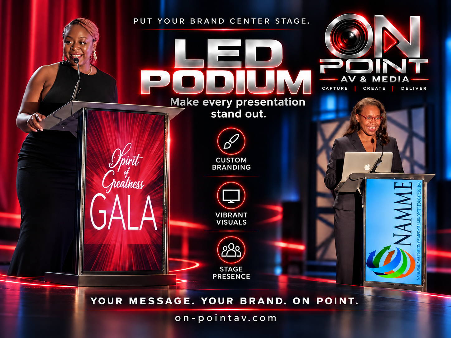 ON POINT AV & Media LED podium displays with custom branding at the Spirit of Greatness Gala and NAMME conference