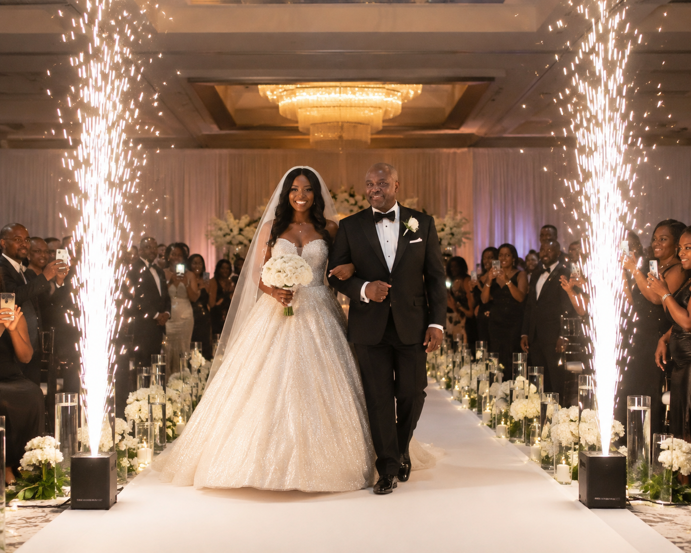 Cold spark fountains lighting a wedding aisle entrance at an Atlanta ballroom produced by ON-POINTAV