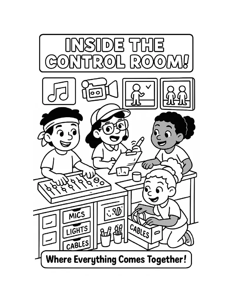 Inside the Control Room coloring page from the AV Squad coloring book