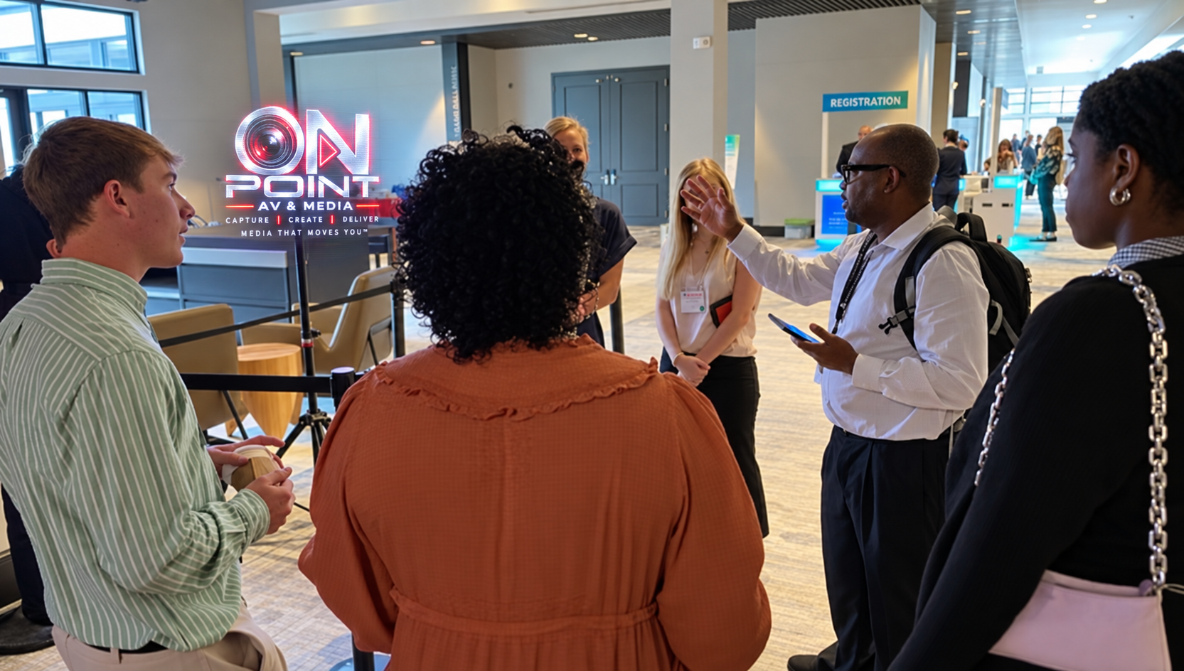 A 4K hologram fan displaying the ON POINT AV and Media logo on a tripod stand behind a group of attendees at an Atlanta event, while our team explains the display to them