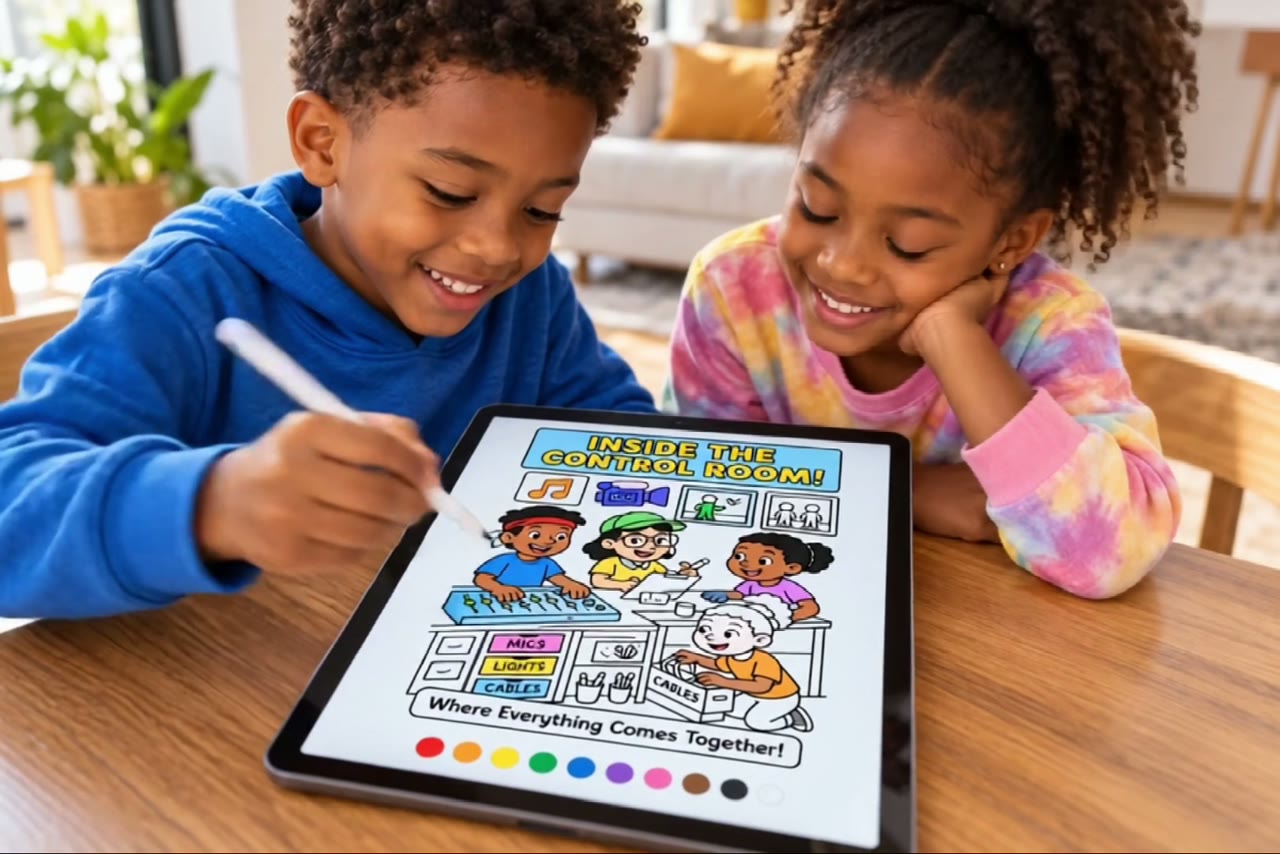 Children coloring an AV Squad coloring book page on a tablet