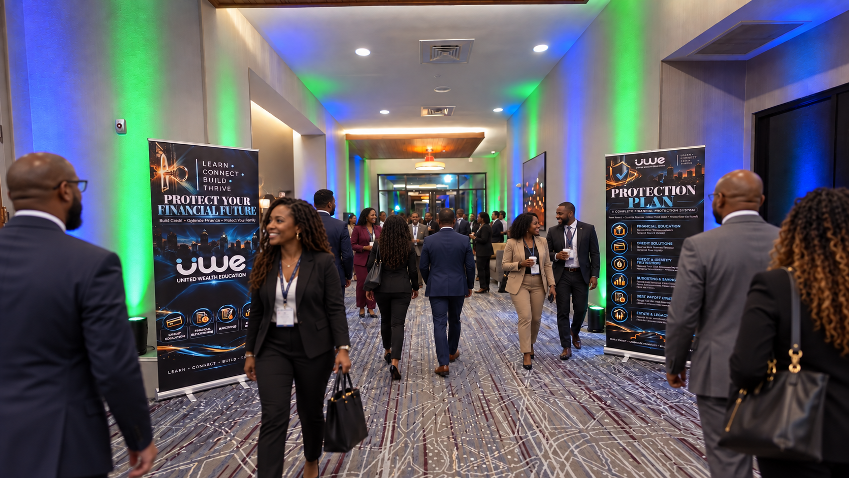 UWE Wealth Unlocked Financial Conference networking foyer with branded banners and uplighting produced by ON-POINTAV