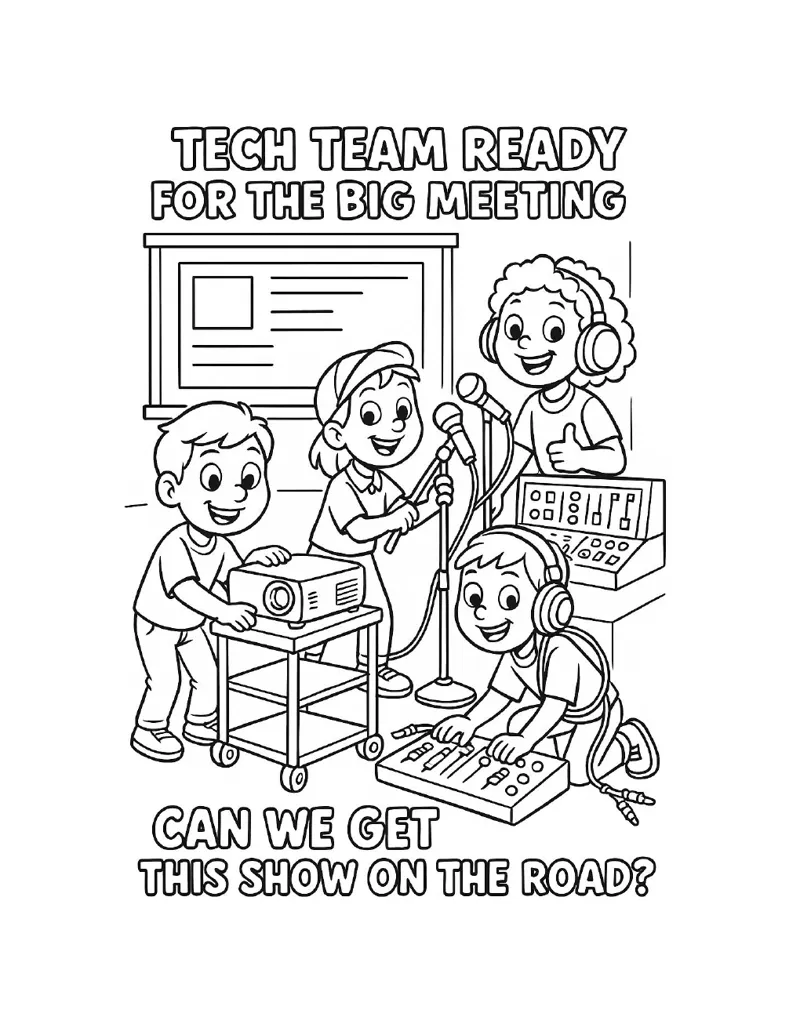Tech Team Ready coloring page from the AV Squad coloring book