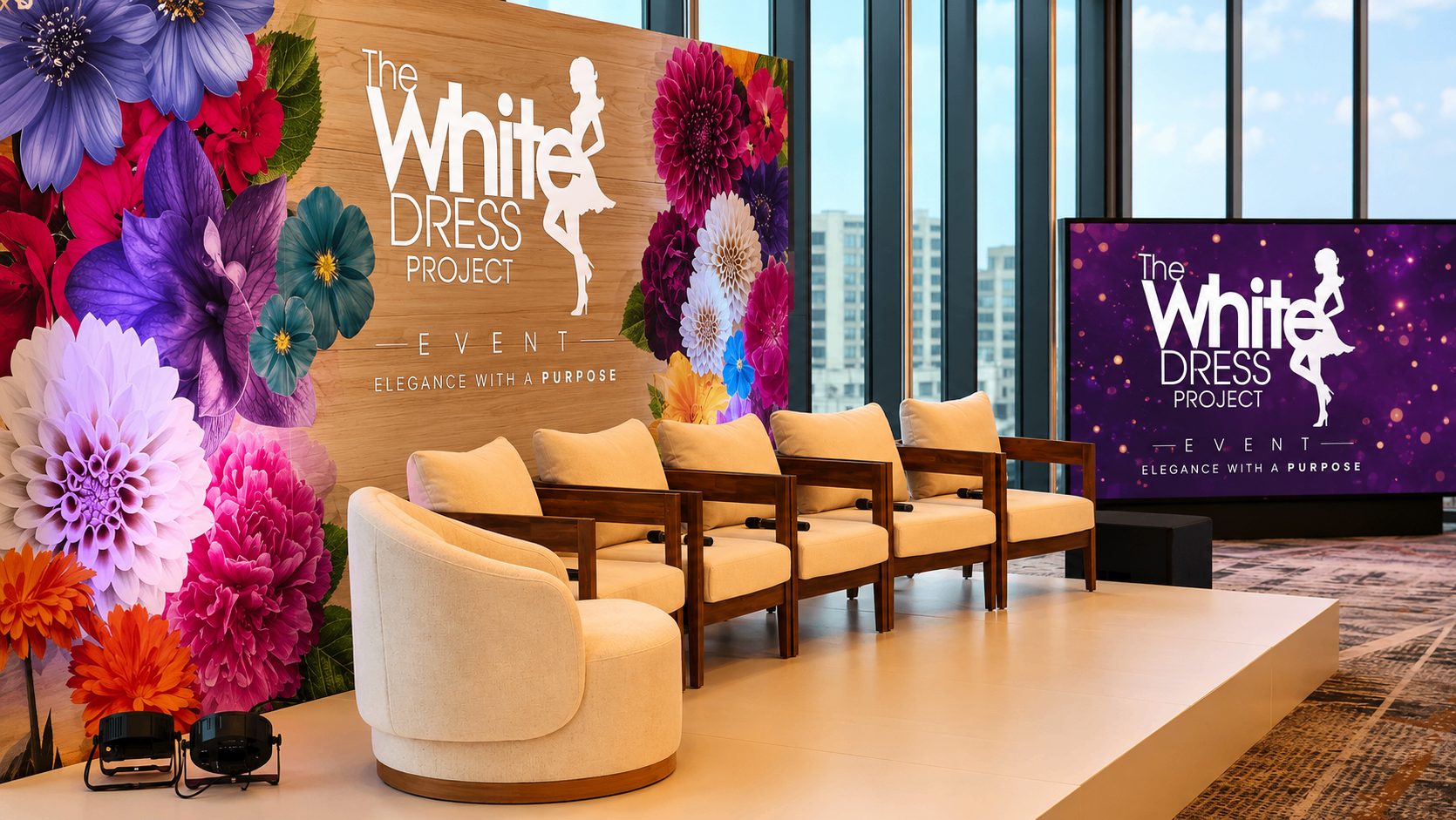 The White Dress Project stage — LED wall and floral backdrop produced by ON-POINTAV in Atlanta