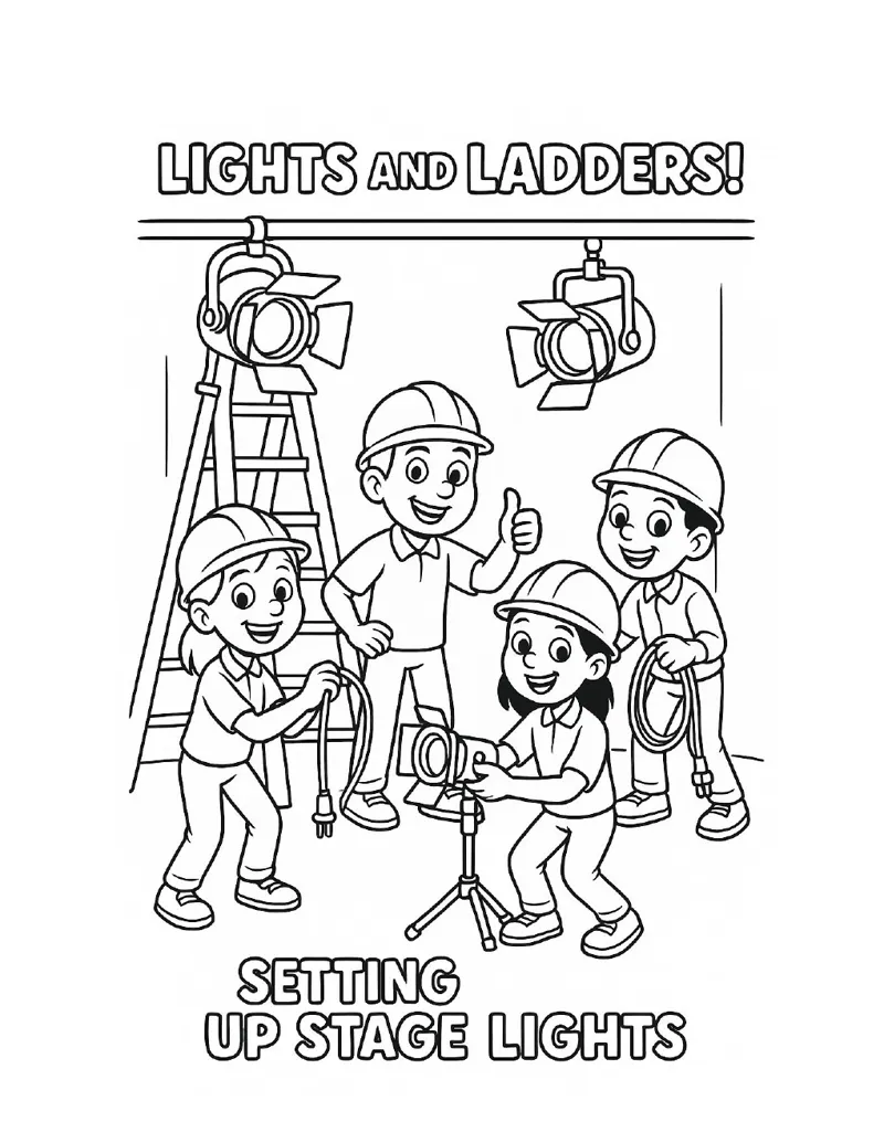 Setting Up Stage Lights coloring page from the AV Squad coloring book