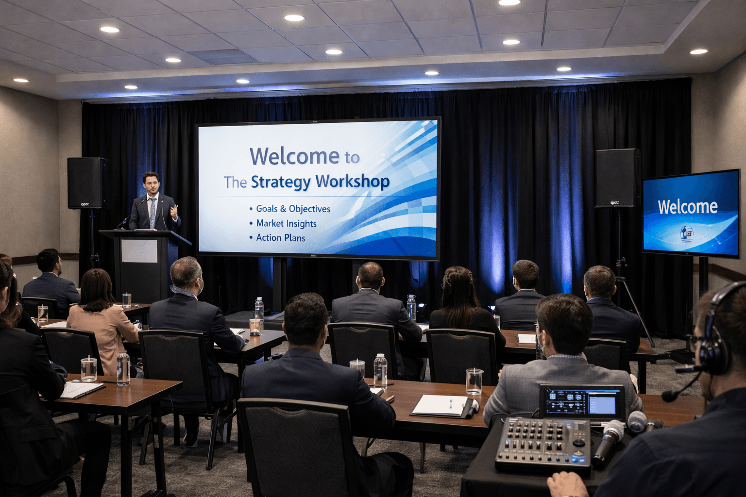 ON-POINTAV hybrid event setup with dual screens at Atlanta corporate meeting