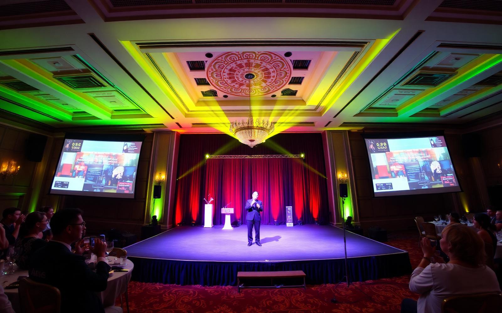 ON-POINTAV corporate gala staging with uplighting and dual projection screens in Atlanta