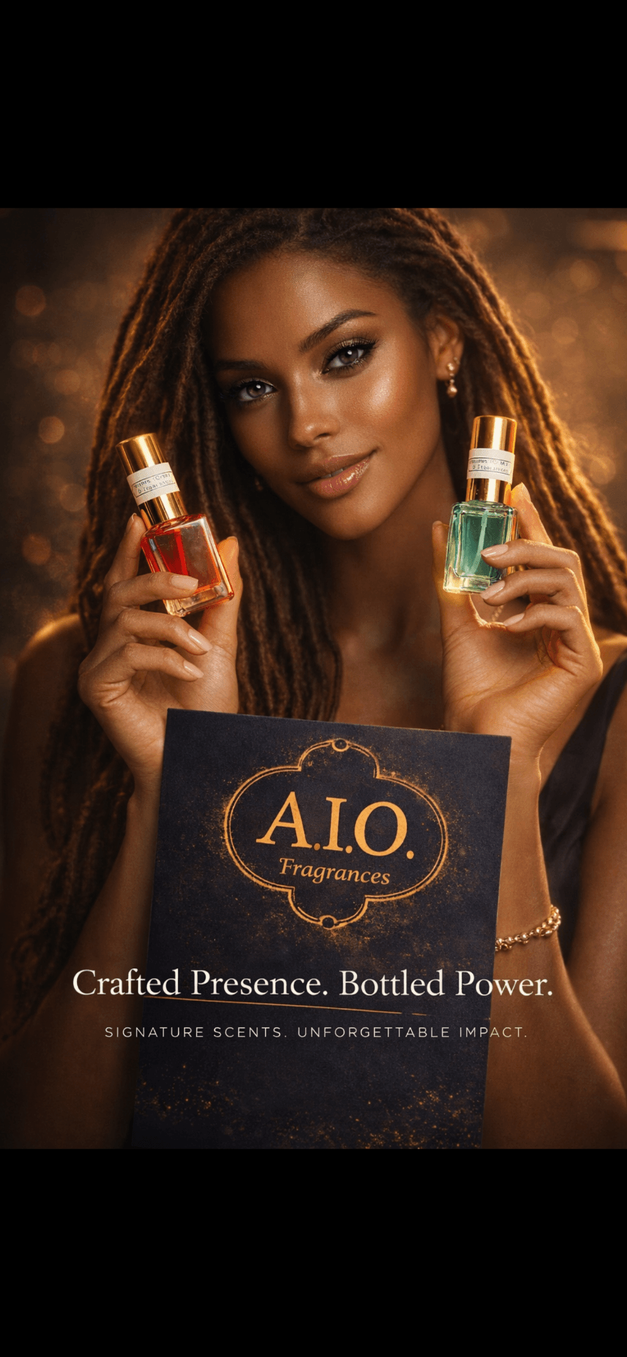 A.I.O. Fragrances campaign poster — Crafted Presence. Bottled Power.