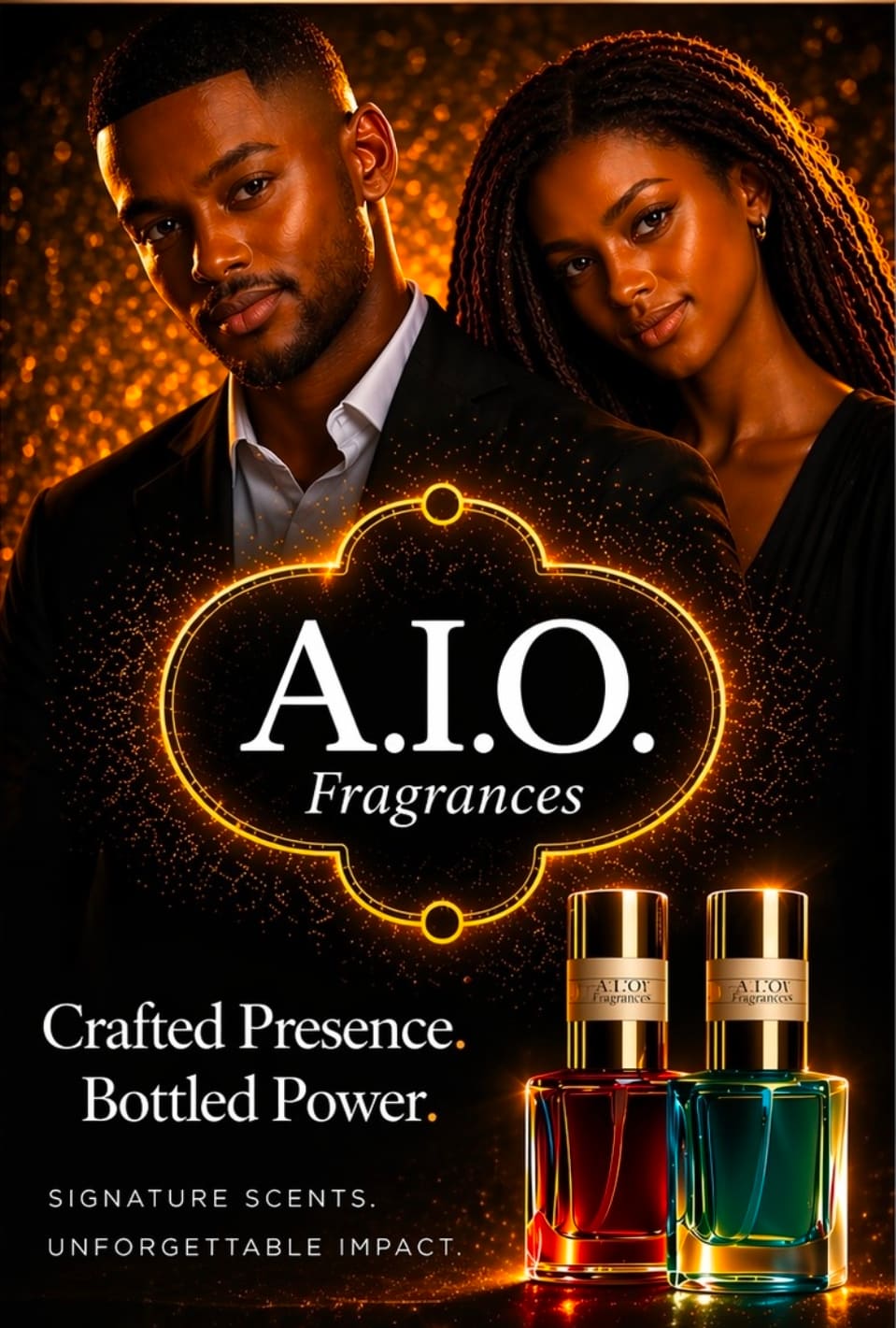 A.I.O. Fragrances dual portrait campaign with signature scents