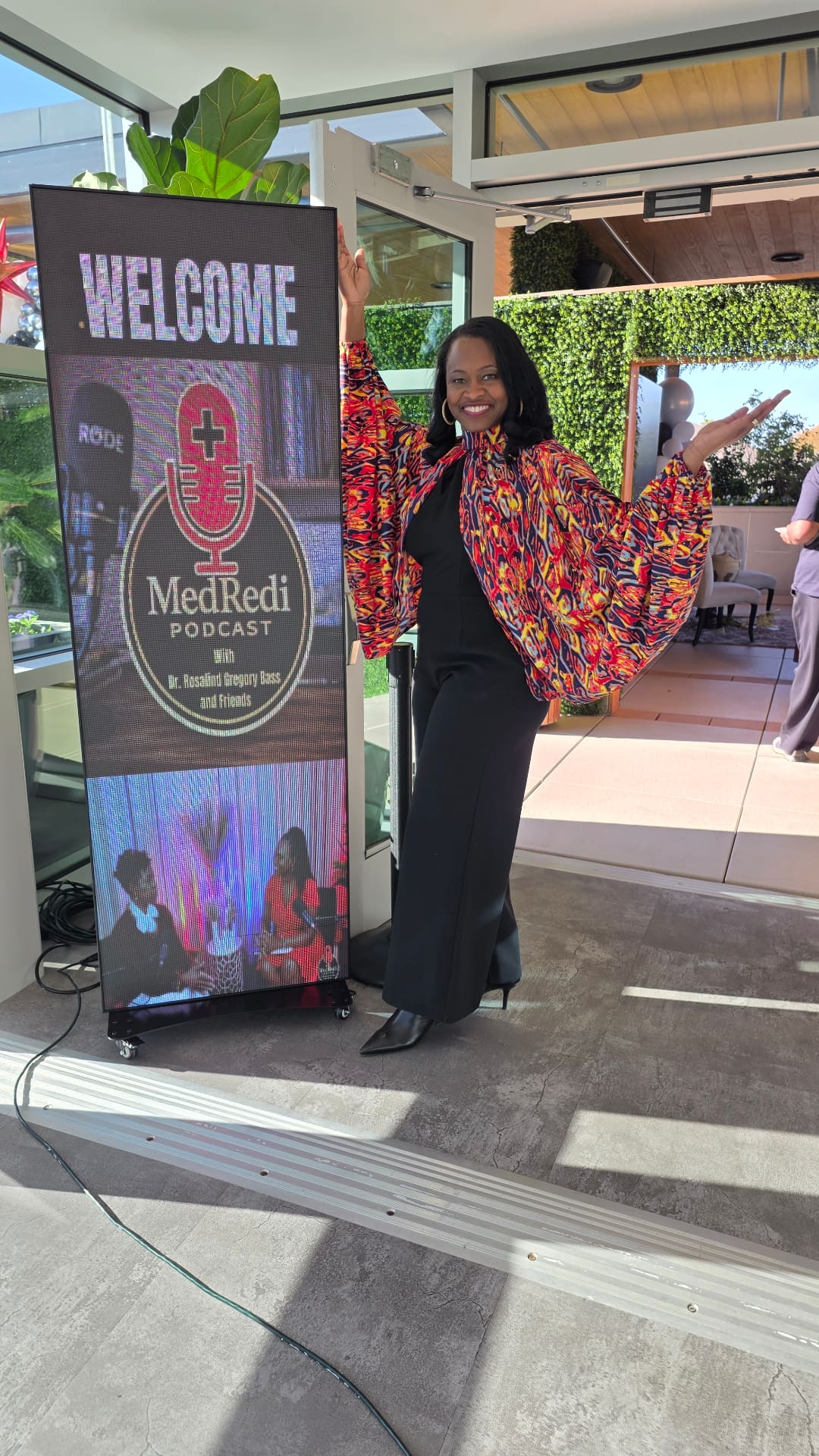 LED poster display for MedRedi Podcast event with custom welcome graphics