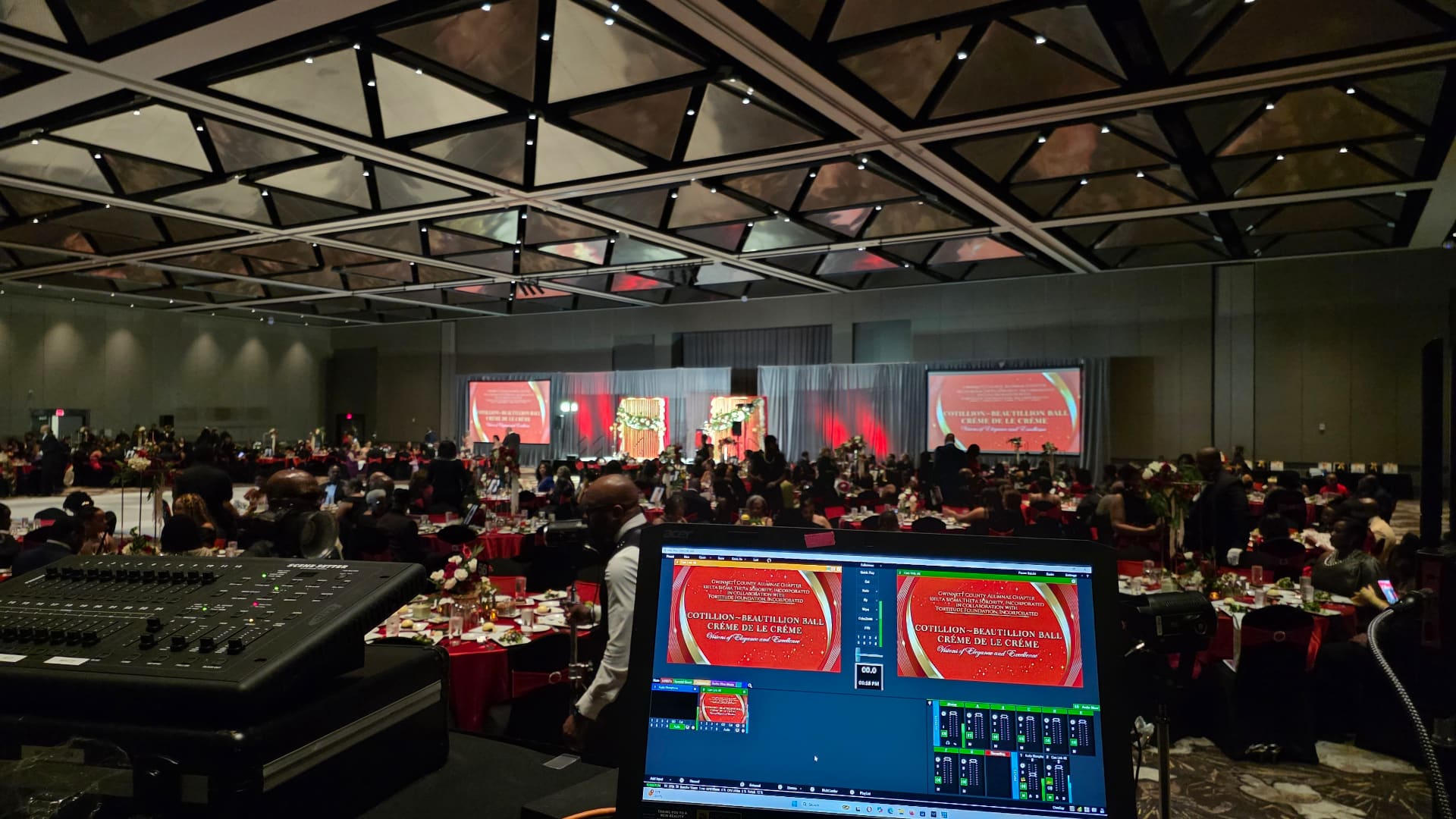 Cotillion-Beautillion Ball AV production with LED screens and mixing console