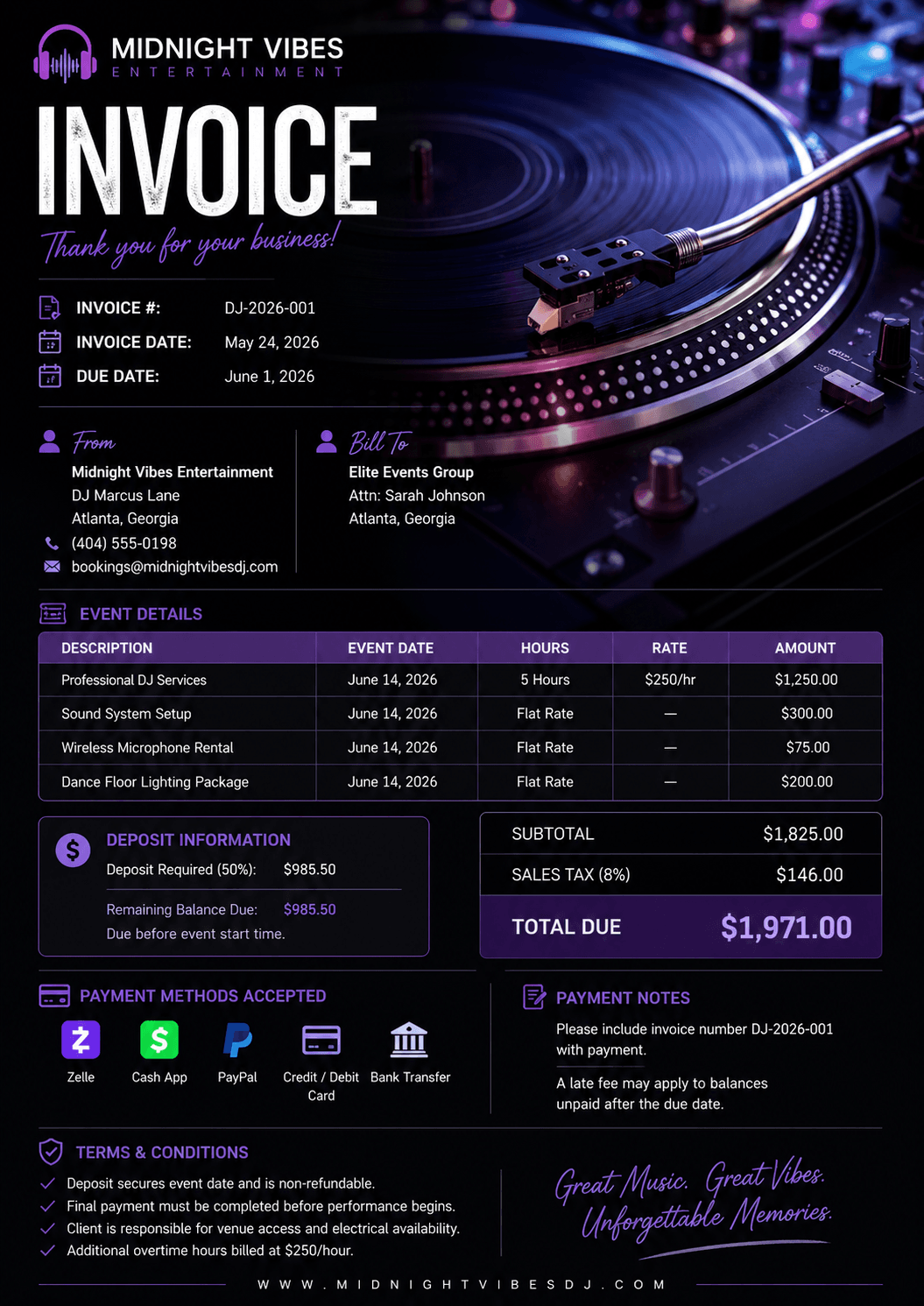 DJ / Entertainment invoice example created by Help Run My Business