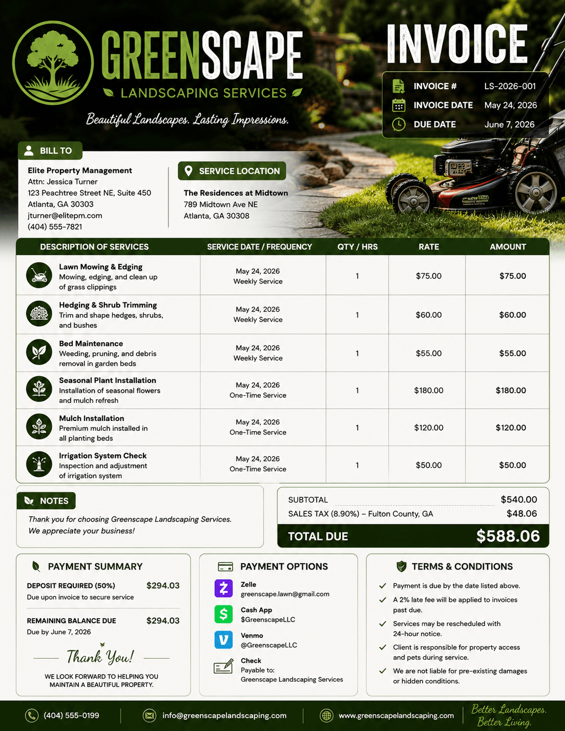 Landscaping invoice example created by Help Run My Business